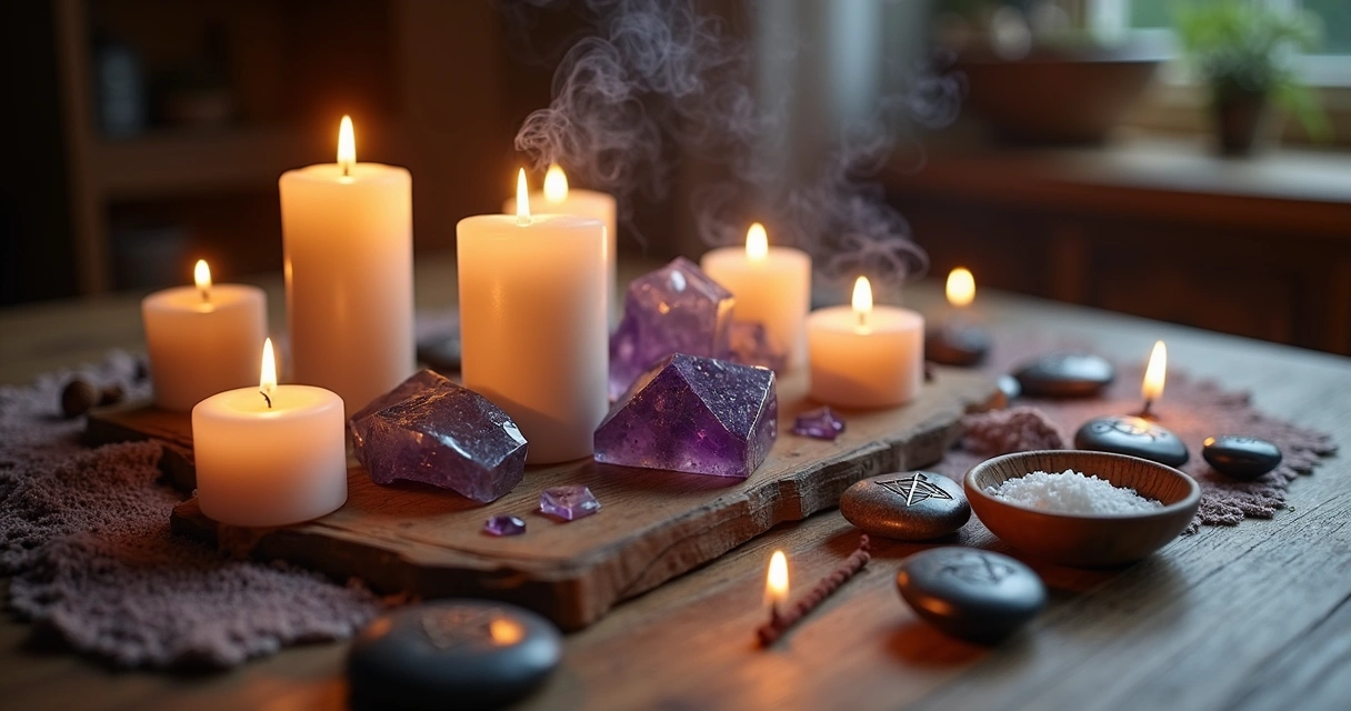 Altar espiritual com velas, cristais, incenso e símbolos de proteção em mesa de madeira