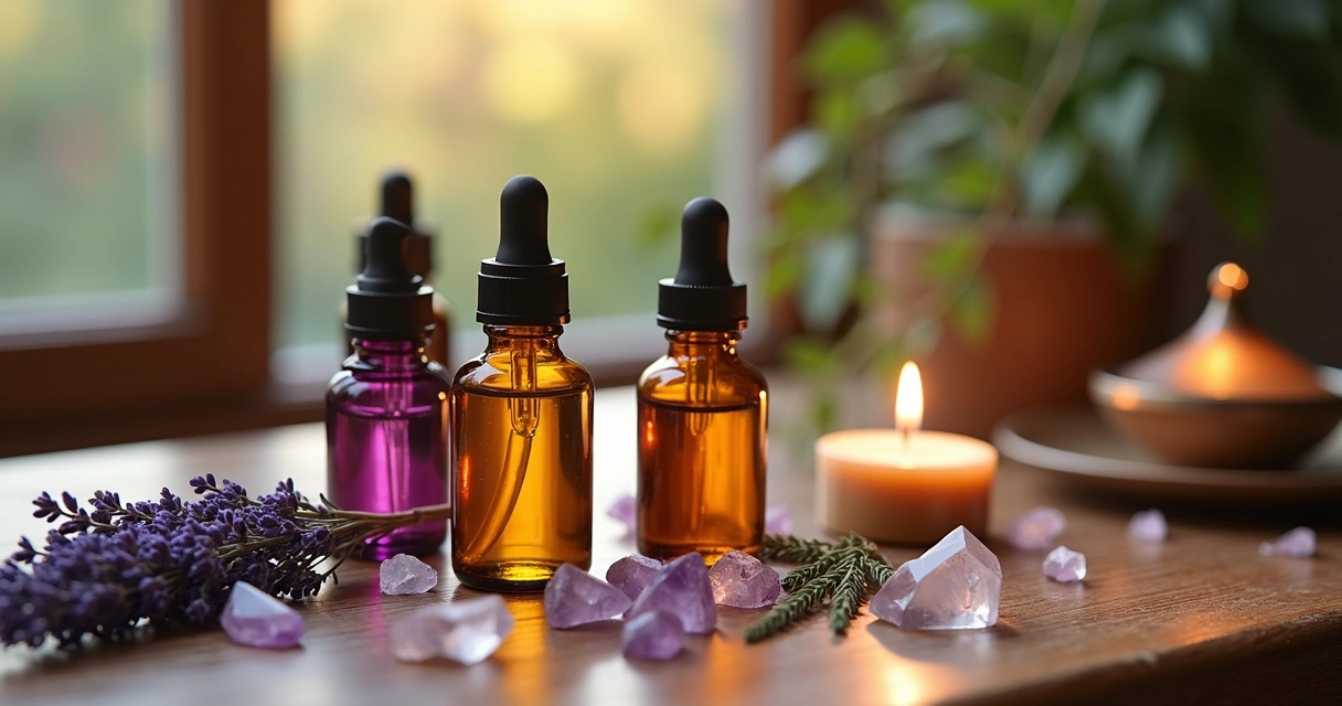 Mesa com cristais, frascos de óleos essências e vela acesa para aromaterapia e esoterismo
