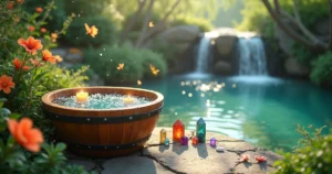Banho energético com banheira de madeira em meio a um ambiente natural e relaxante.