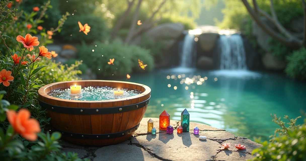 Banho energético com banheira de madeira em meio a um ambiente natural e relaxante.