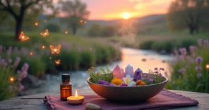 Bacia de cerâmica com ervas e cristais coloridos, rodeada por um jardim sereno e um pôr do sol vibrante.