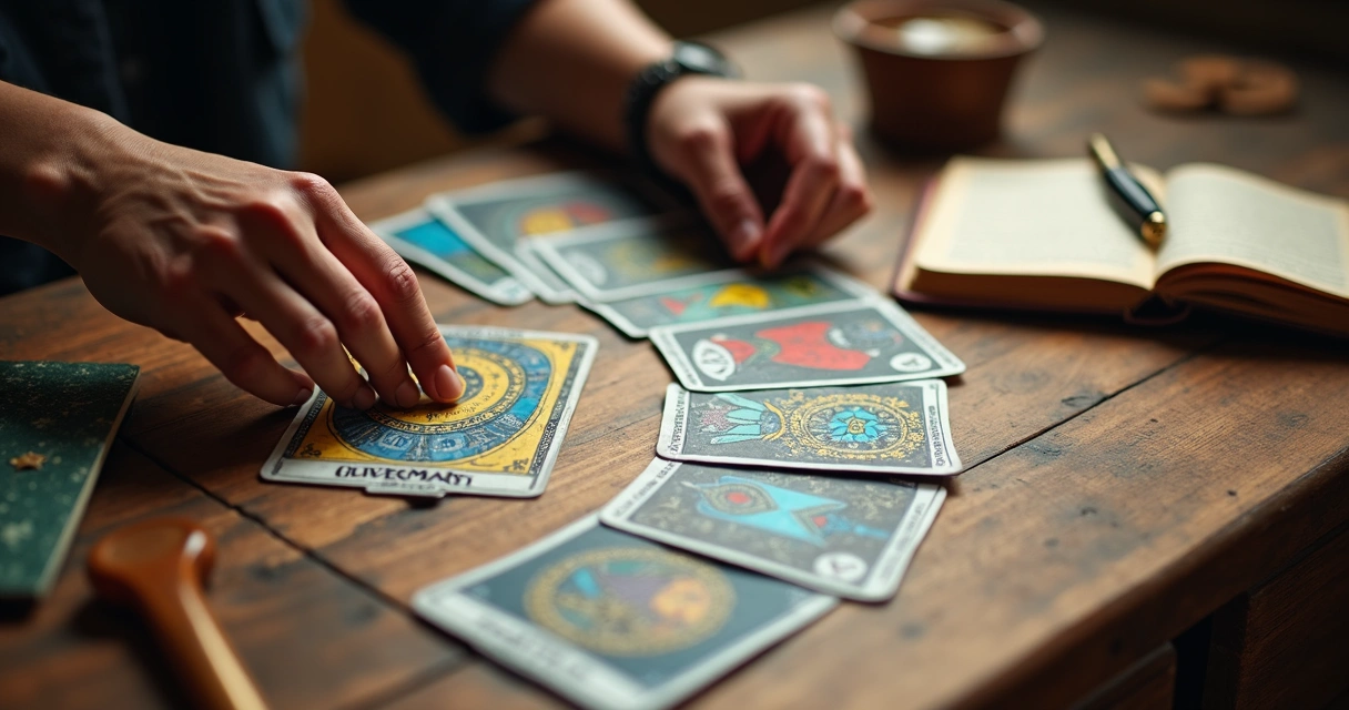 Mesa de madeira com cartas do baralho Lenormand dispostas em leque e mãos manuseando cartas para tiragem