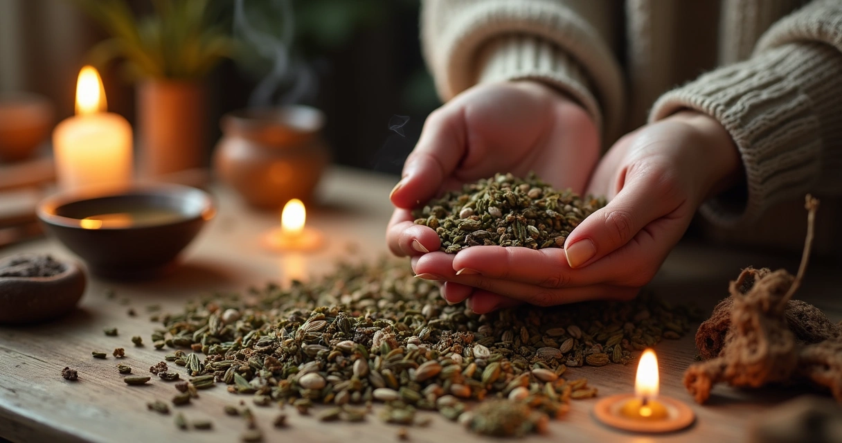 Mãos femininas segurando ervas secas para benzimento tradicional sobre mesa de madeira com velas acesas