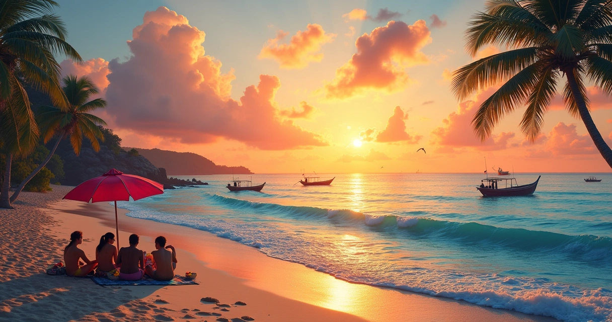 Praia em Búzios ao entardecer, com pessoas alegres e águas cristalinas sob um céu colorido.