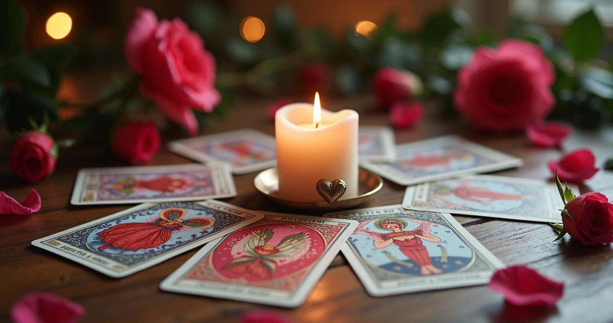 Mesa de madeira com cartas ciganas espalhadas, vela acesa e símbolo do amor ao fundo