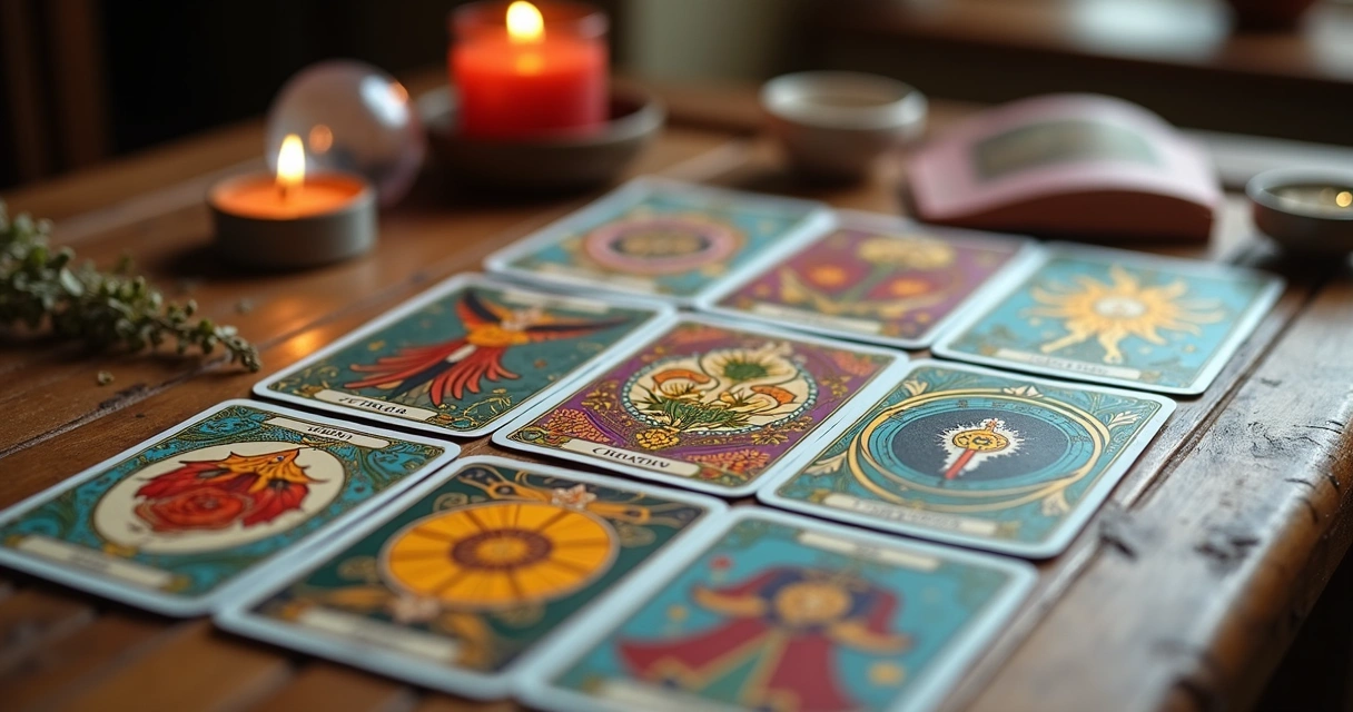 Mesa com cartas ciganas dispostas para leitura de perguntas imediatas