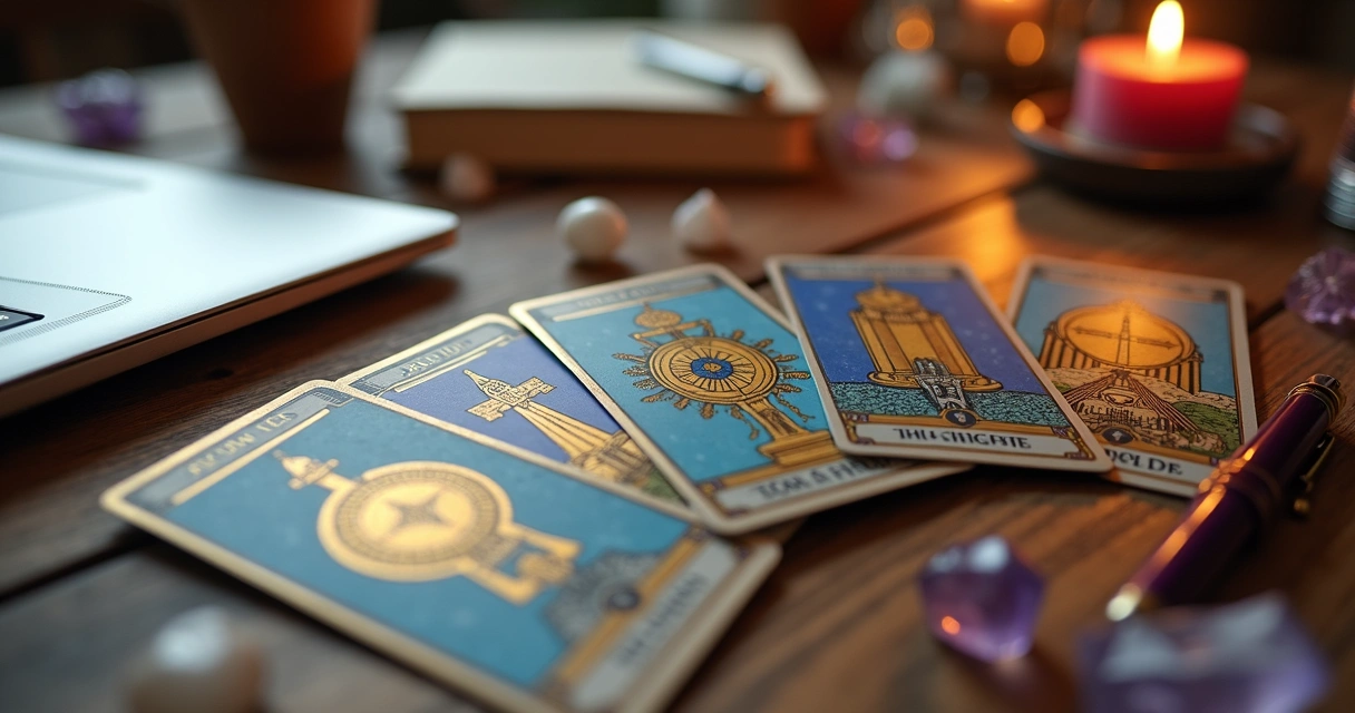 Cartas de tarot espalhadas sobre mesa com elementos que simbolizam mudanças na carreira