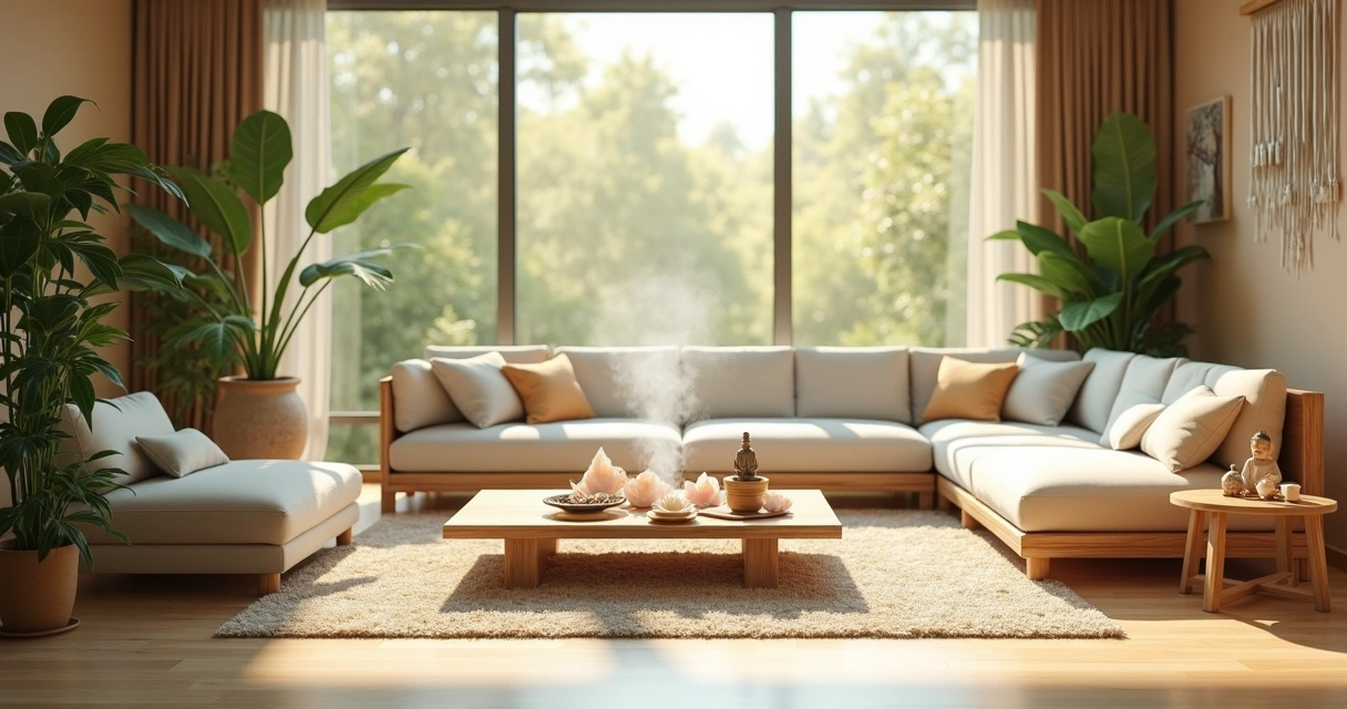 Sala iluminada com decoração Feng Shui, plantas verdes, luz natural e objetos espirituais organizados para energia positiva