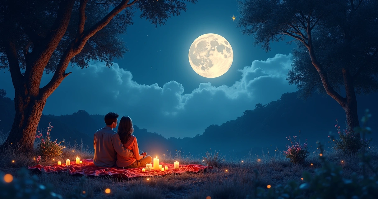 Paisagem noturna do casal sob a lua cheia, selando um momento de romance e transformação.