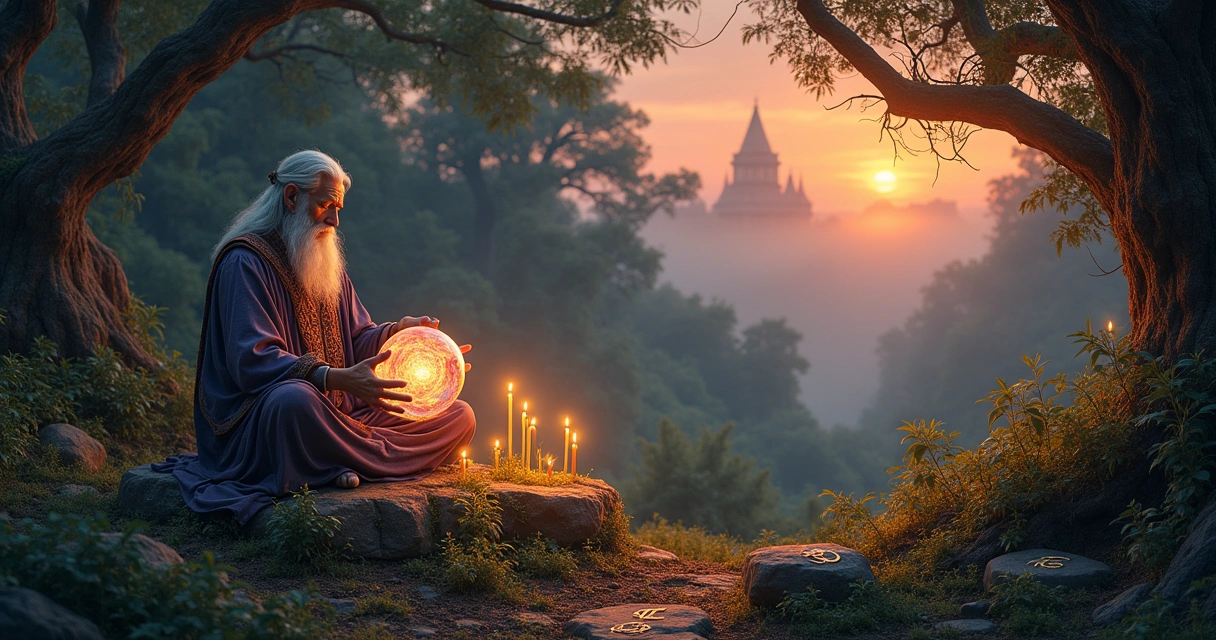 Decoração mística de uma cena de oráculo antigo com um sábio em uma floresta iluminada por velas