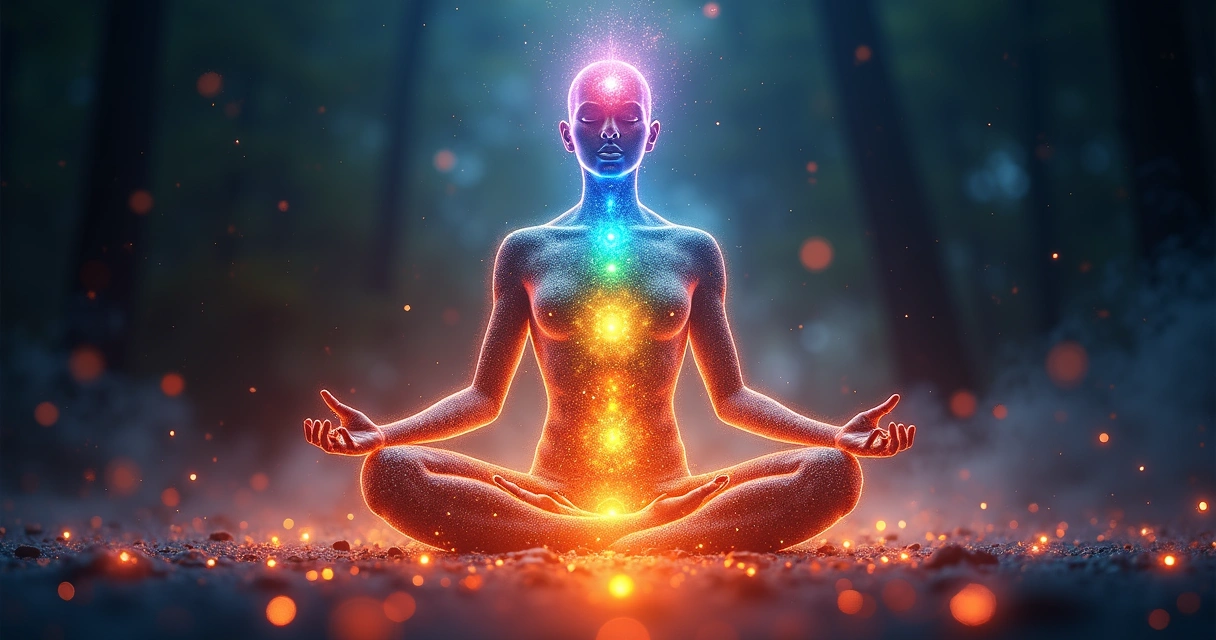 Coluna energética humana com chakras alinhados em diferentes cores vibrantes sobre fundo escuro, detalhamento luminoso e ambiente espiritual sutil