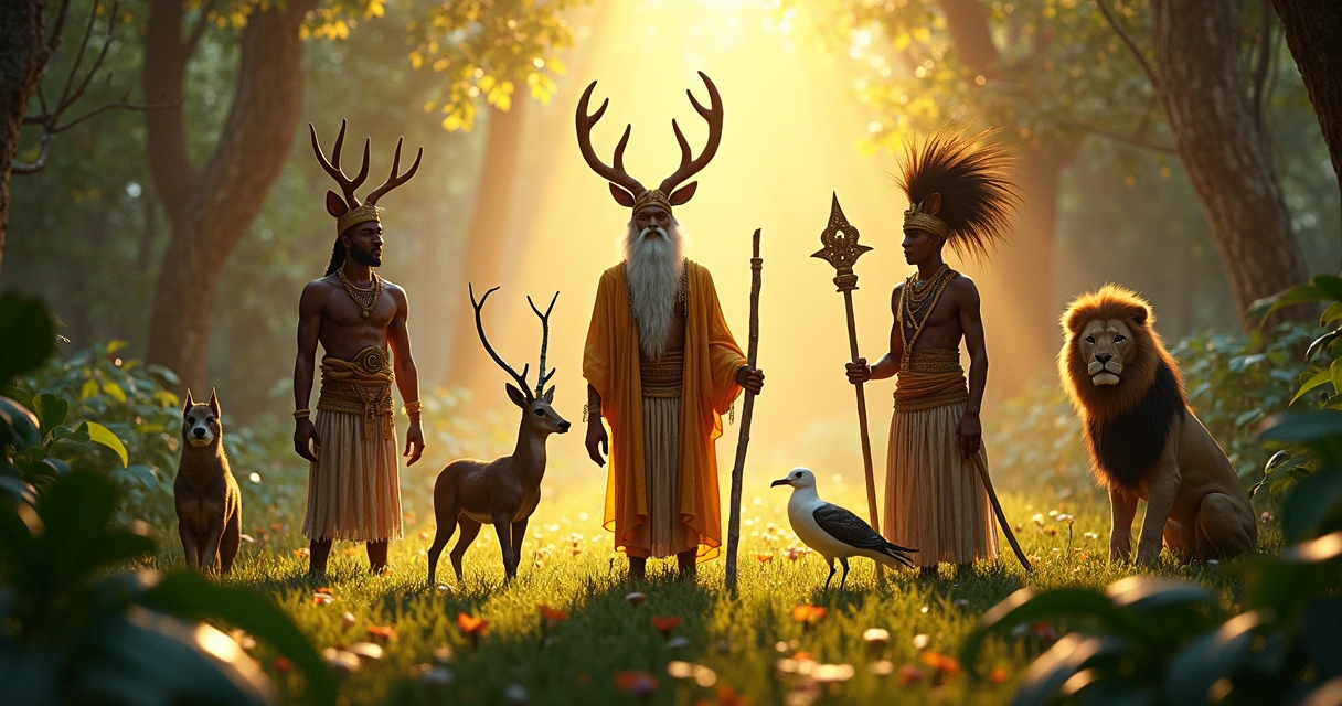Orixás simbólicos com seus animais sagrados em ambiente natural, detalhamento realista e cores vibrantes