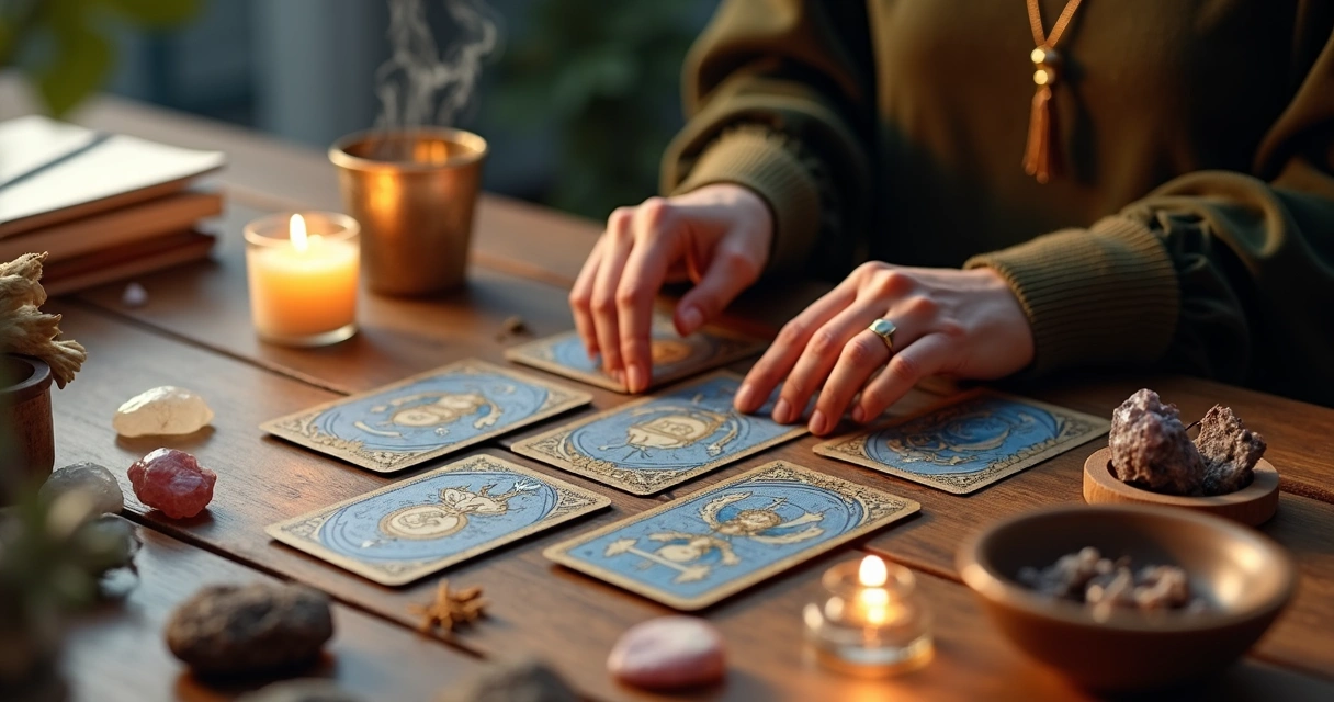 Consultora espiritual com cartas de tarot e cristais em mesa de madeira