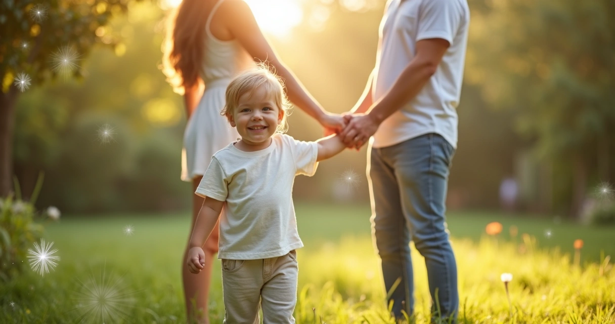 Criança sorridente ao ar livre com pais ao fundo segurando as mãos, ambiente iluminado e sereno com elementos esotéricos sutis ao redor