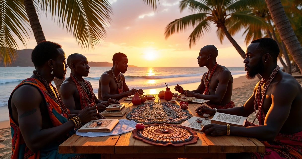 Grupo de divinos africanos estudando búzios em uma mesa na praia ao sol poente.