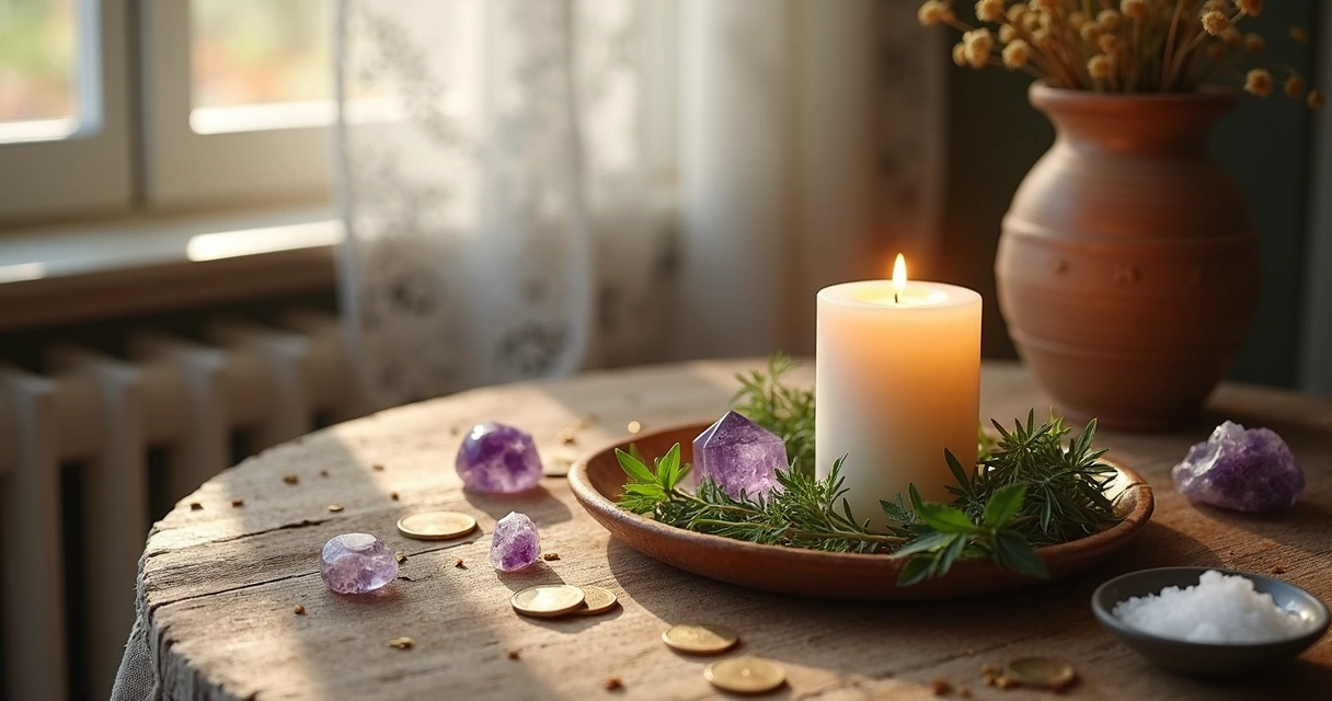 Mesa com elementos do lar usados em simpatias para reverter má sorte, incluindo vela branca, arranjo de ervas frescas, cristais e moedas dispostos em ambiente acolhedor