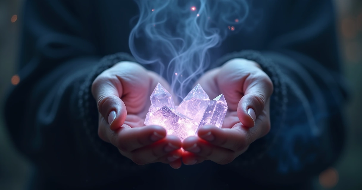 Mãos segurando cristais com luzes escuras ao redor simbolizando bloqueio de energia