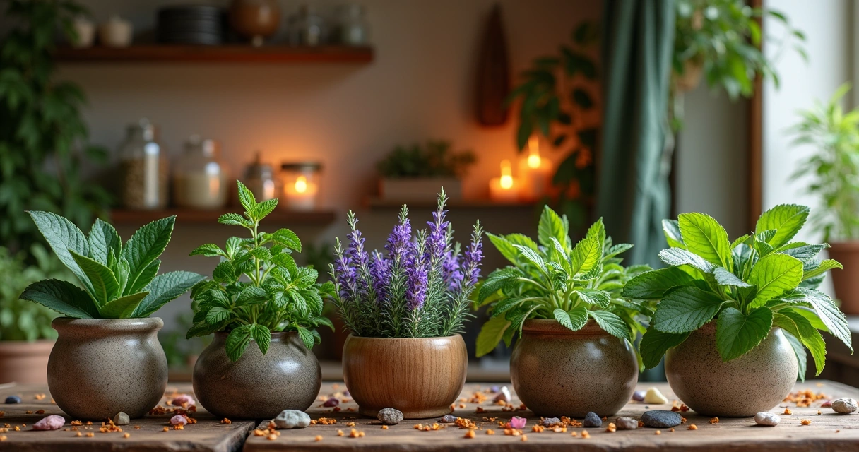 Várias plantas místicas frescas dispostas sobre uma mesa de madeira com itens esotéricos ao redor
