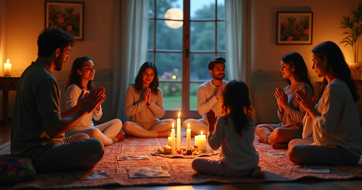 Família reunida em círculo segurando velas em ambiente acolhedor para oração cigana de proteção