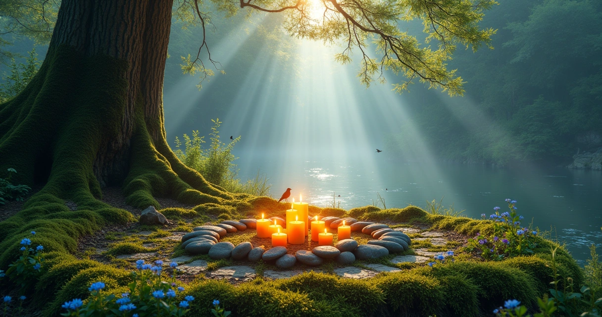 Cena espiritual em uma floresta com um altar simples, velas, flores silvestres e luz suave do amanhecer.