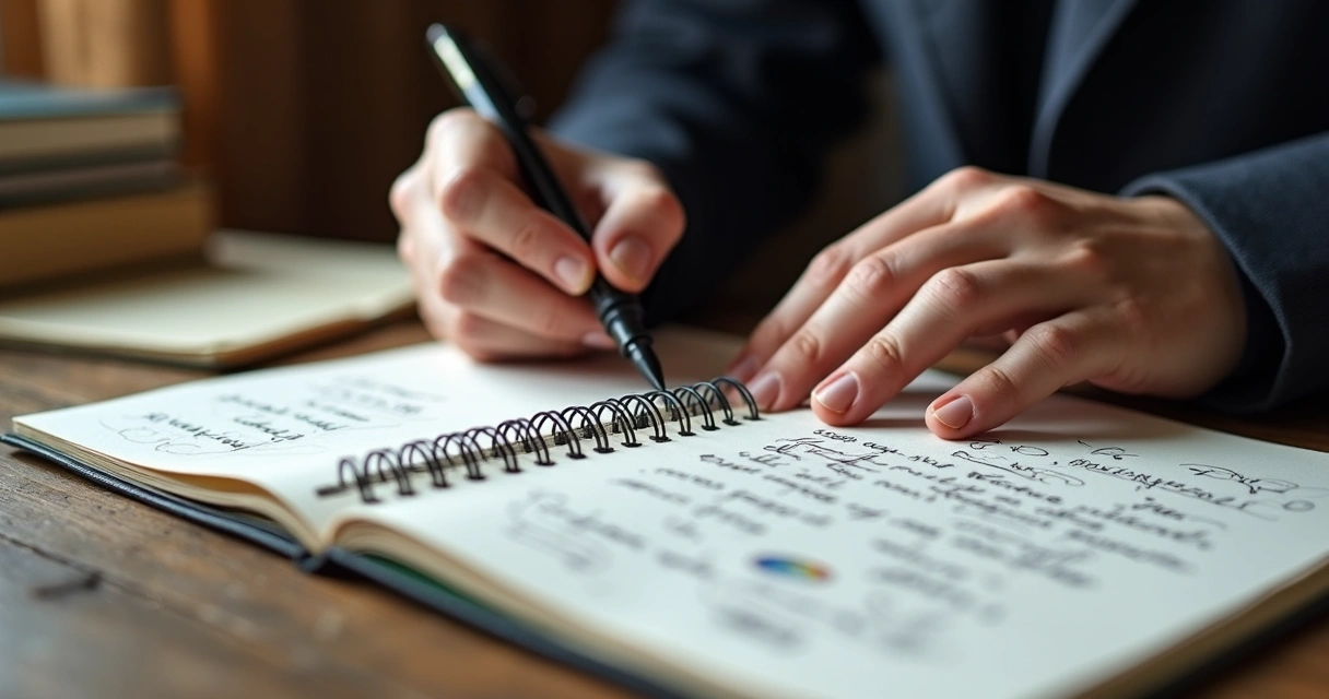 Mãos com caneta escrevendo em caderno de papel branco com folhas detalhadas e análise gráfica ao lado