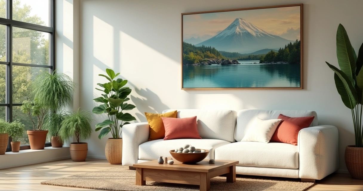 Interior home scene designed with Feng Shui, featuring a serene living room filled with light and plants.