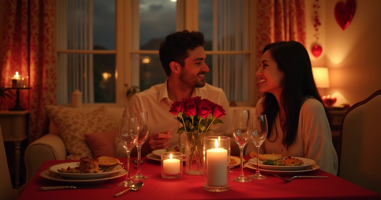 Casal em um jantar romântico com mesa decorada, velas e rosas, criando um clima de amor.