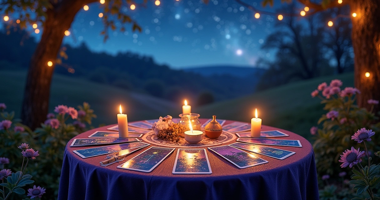 Cena mágica de leitura de tarot sob o céu estrelado com cartas, velas e flores ao redor.