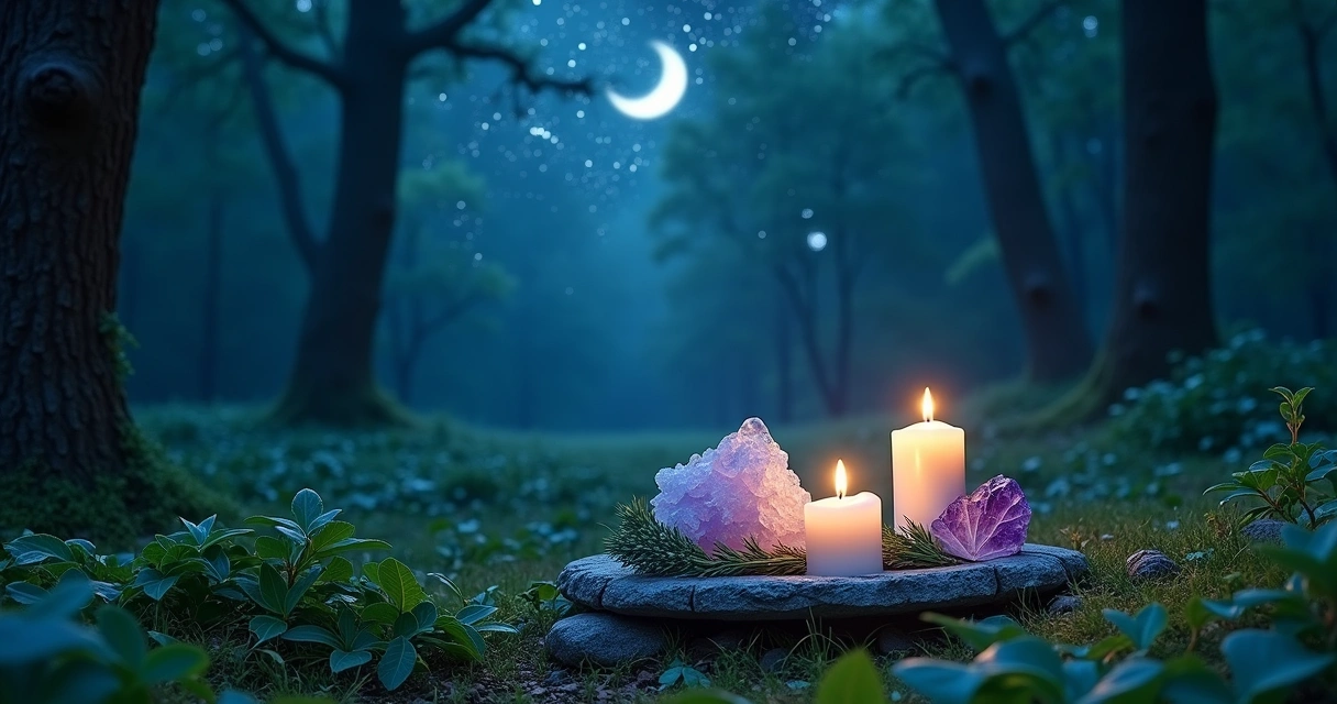 Uma noite de lua nova em uma floresta serena com altar natural e cristais vibrantes.