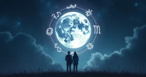 Ilustração realista da lua cheia brilhando sobre o céu noturno com símbolos do zodíaco ao redor e casal ao fundo olhando para as estrelas