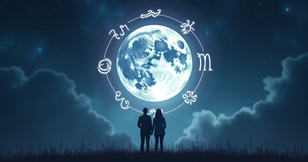 Ilustração realista da lua cheia brilhando sobre o céu noturno com símbolos do zodíaco ao redor e casal ao fundo olhando para as estrelas