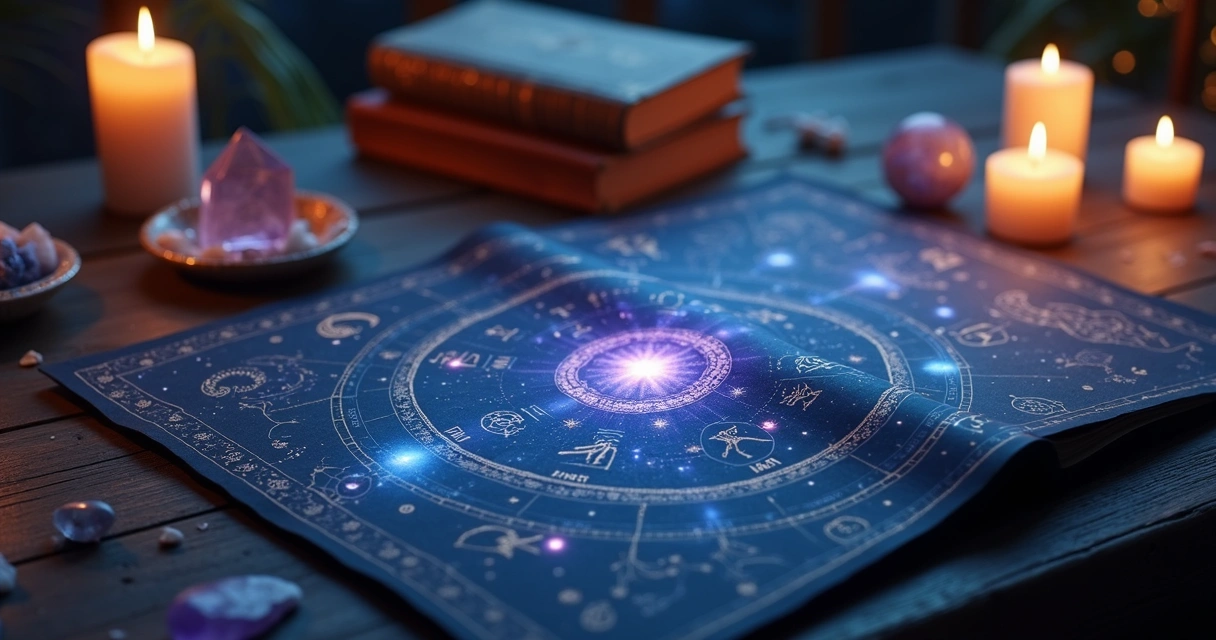 Mapa astral detalhado com símbolos astrológicos e elementos místicos representando vidas passadas