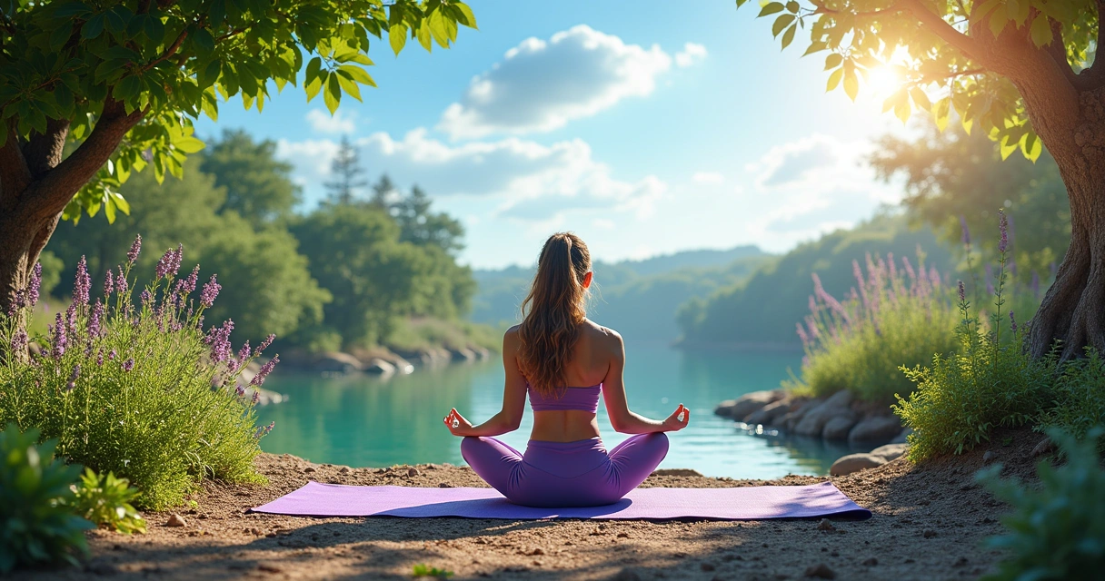 Pessoa meditando em um tapete de yoga em uma floresta iluminada pelo sol, rodeada por natureza.