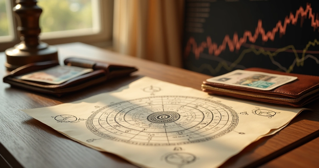 Mesa com mapa astral, carteira com dinheiro e gráficos financeiros ao fundo
