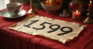 Mesa com números escritos em papel envelhecido, velas acesas e elementos esotéricos ao redor
