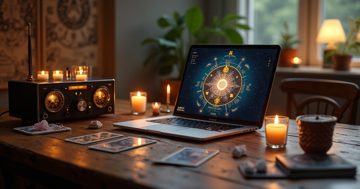 Mesa com equipamentos de radiônica, gráficos e símbolos esotéricos em ambiente iluminado