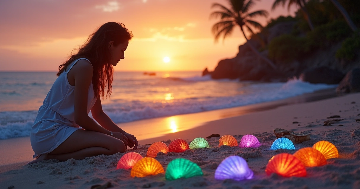 Uma mulher em uma praia contemplativa rodeada de búzios em uma cena de pôr do sol mística e relaxante.