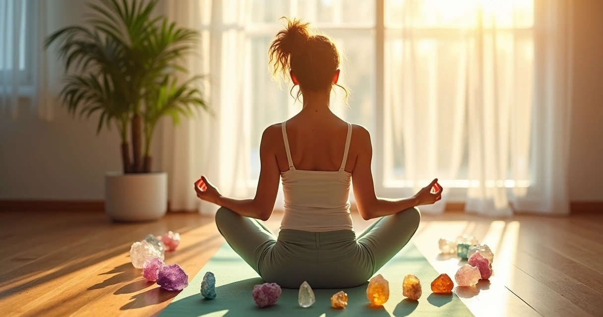 Uma mulher meditando entre cristais coloridos em um ambiente iluminado e tranquilo.