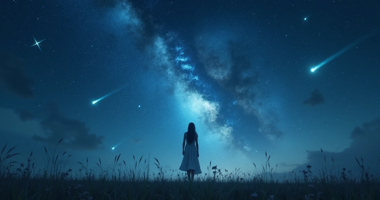Mulher olhando para o céu estrelado com cometas e símbolos luminosos ao redor
