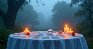 Cenário sereno com mesa coberta de oráculos e velas, iluminado por luz suave e névoa no fundo.