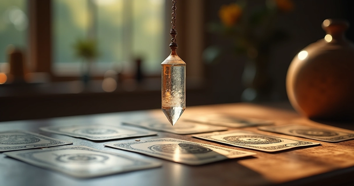 Pêndulo de cristal pendurado sobre mesa de madeira com cartas de tarot ao fundo