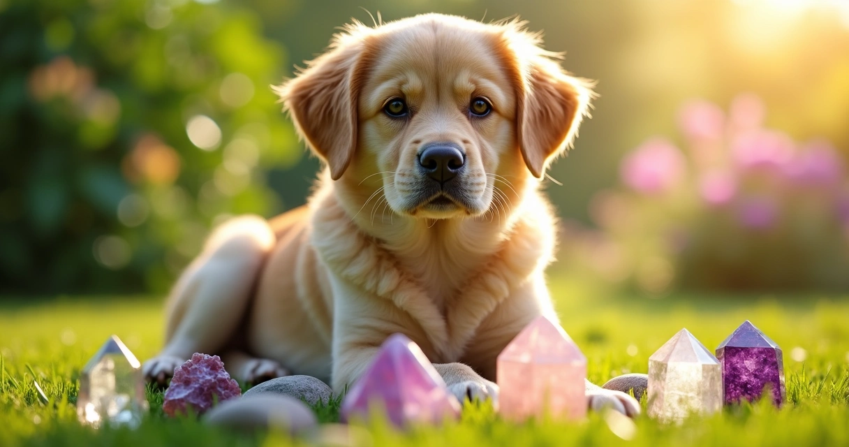 Cachorro sentado confortável com diversas pedras e cristais coloridos ao redor em ambiente natural iluminado