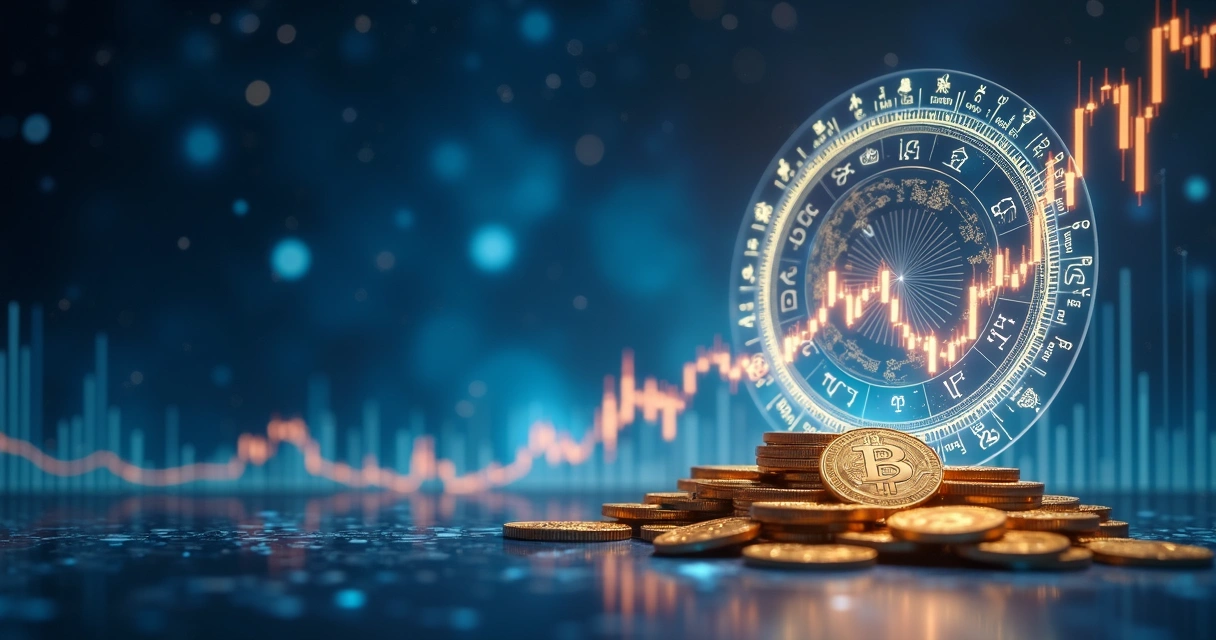 Mapa astral com símbolos zodiacais sobre gráficos financeiros e moedas douradas brilhantes