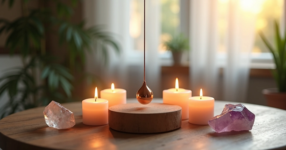 Pêndulo de radiestesia sobre mesa de madeira com velas e cristais ao redor para harmonizar ambiente