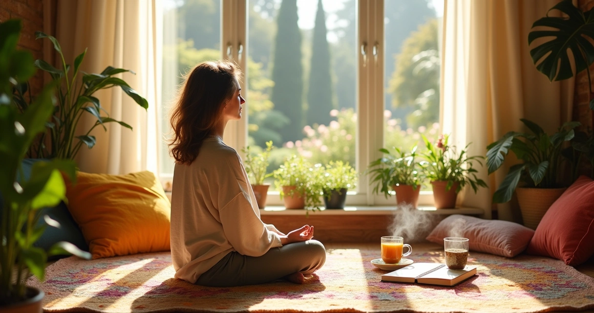 Indivíduo em um ambiente sereno, meditando com um diário e uma xícara de chá ao redor de plantas vibrantes.