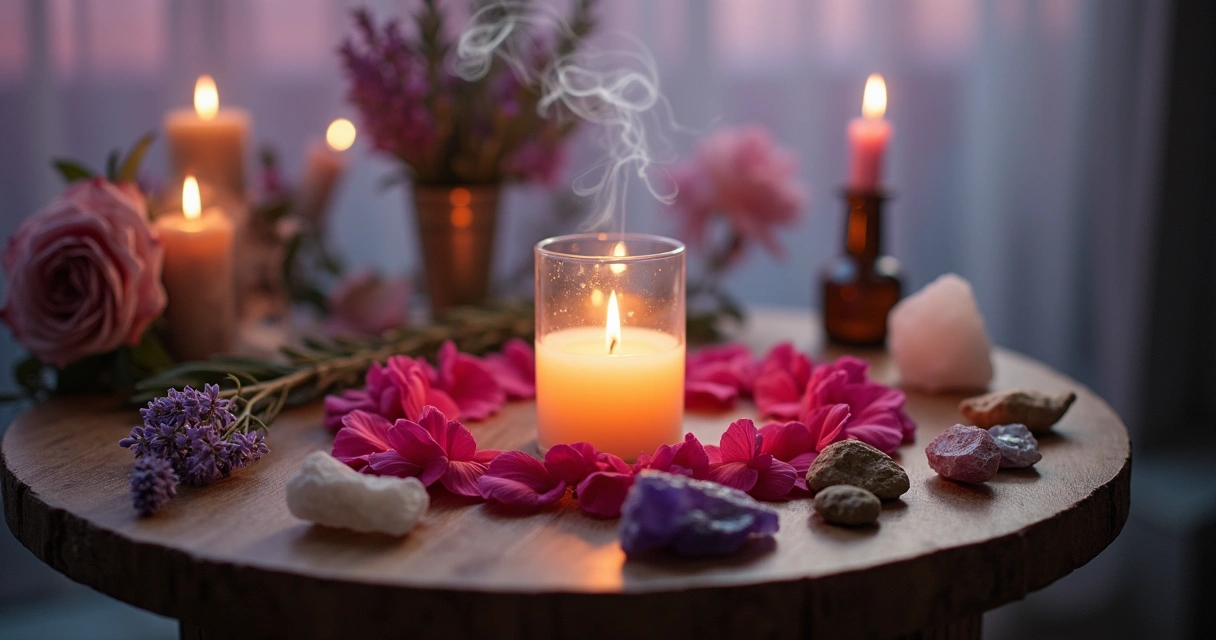 Configuração de um ritual amoroso com velas, ervas e pétalas de rosa em um ambiente acolhedor.