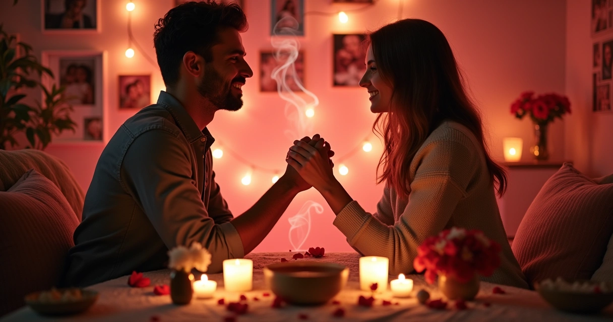 Casal realizando um ritual de amor em uma mesa decorada com velas e flores.