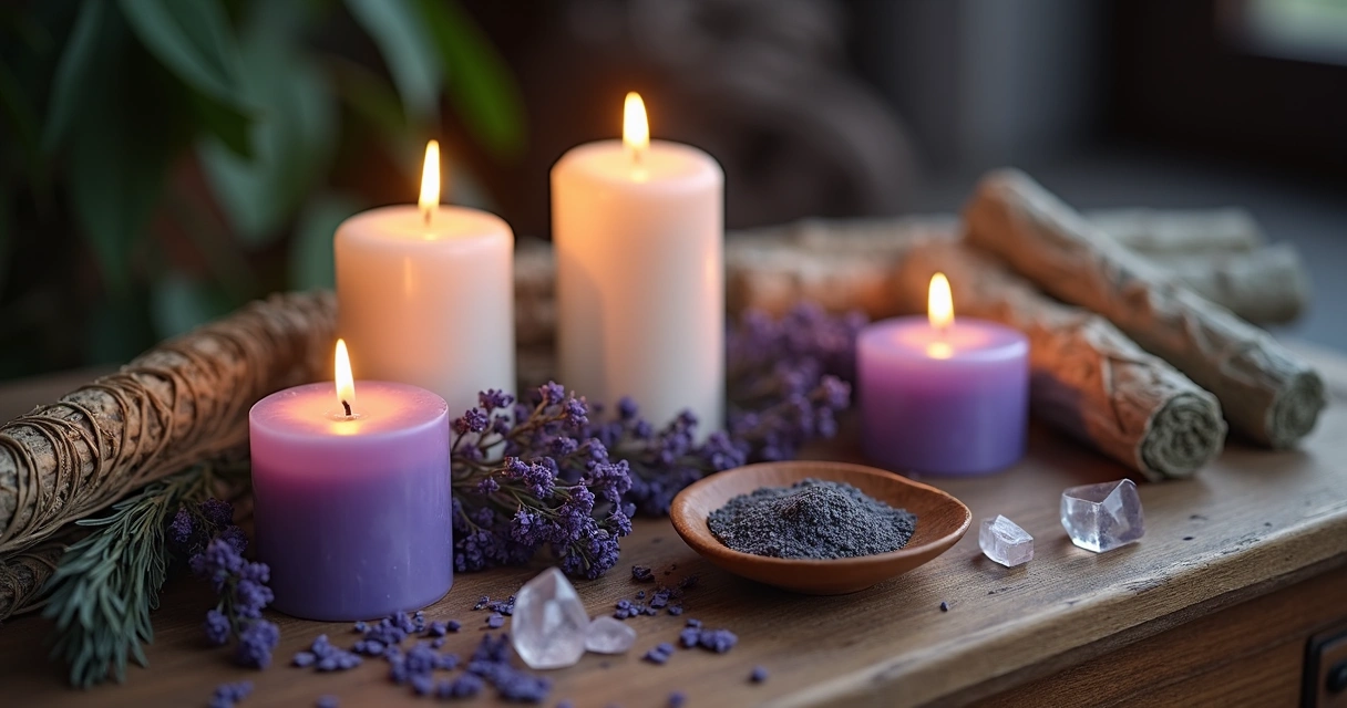 Mesa com velas acesas, ervas secas e cristais para ritual de purificação e desfazer magias negativas