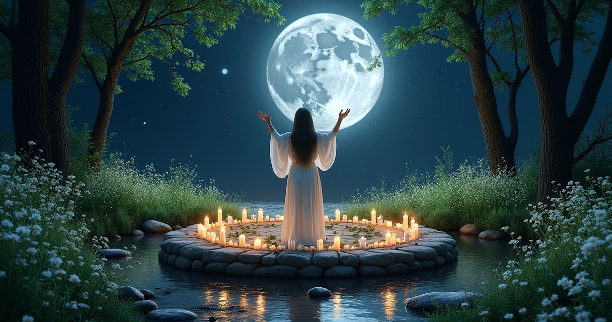 Cena mágica de ritual da lua nova em clareira rodeada por flores e um altar de pedras.