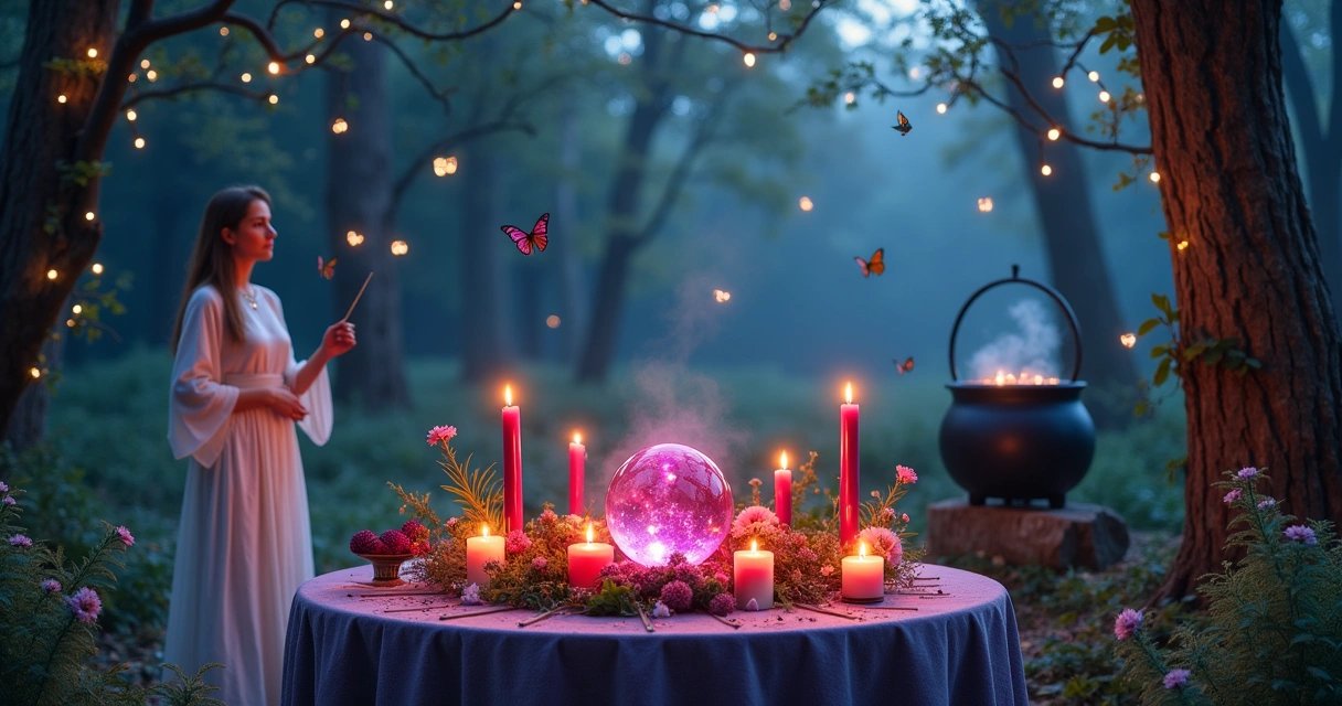 Ritual Wiccano encantador com mesa, velas, flores e sacerdotisa em um bosque mágico ao crepúsculo.